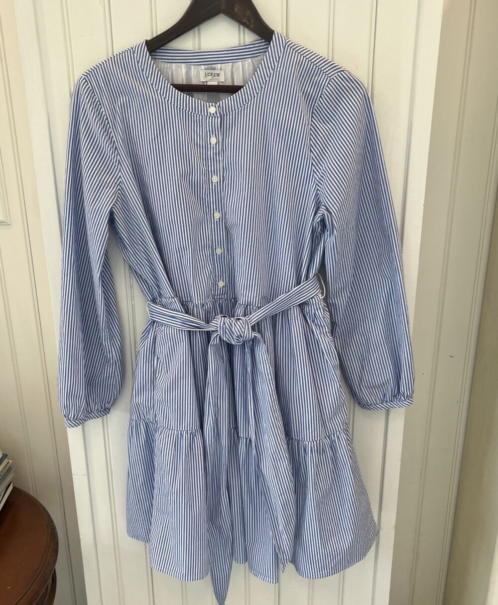J. Crew M Striped Cotton Tiered Shirtdress Pockets Preppy
